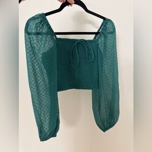 Chic Teal Smocked Blouse with Sheer Sleeves